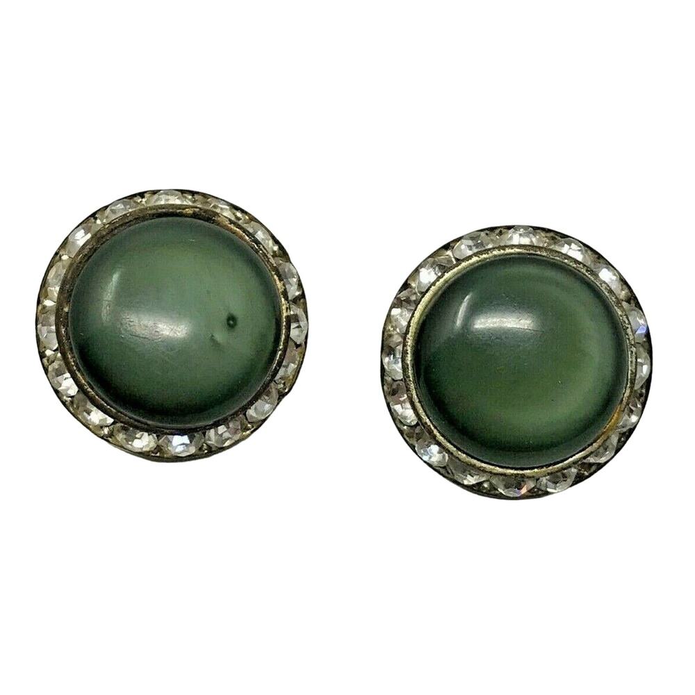 Round Green Gem Clip-on Earrings Rhinestone Trim Vintage